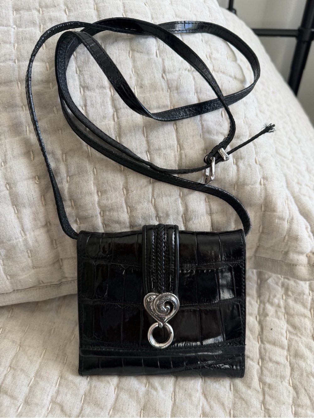 Brighton Black Croc-Embossed Heart Lock Crossbody Wallet